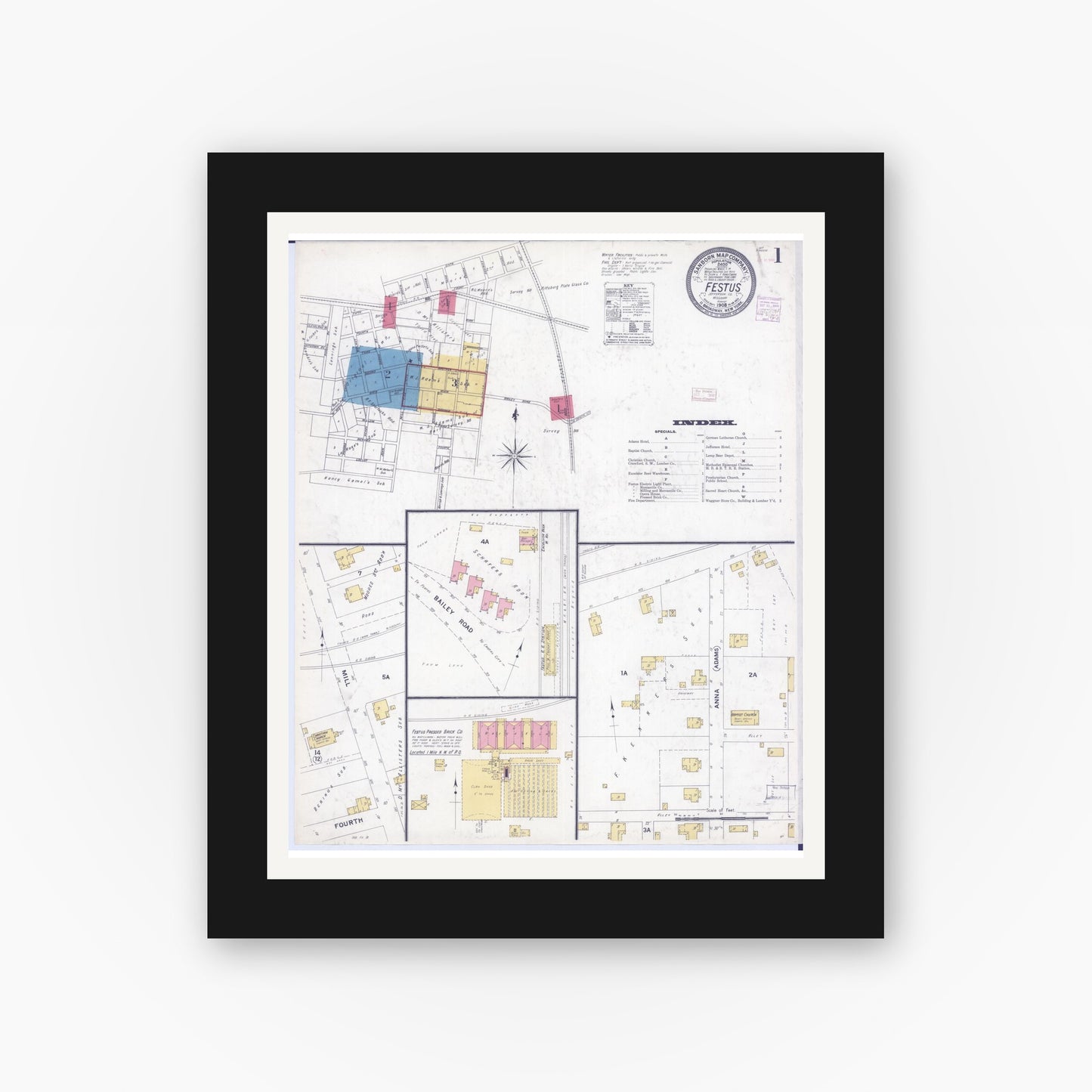 Old map wall art mockup — black gallery frame with white mat — Sanborn Fire Insurance Map from Festus, Jefferson County, Missouri (1908) - Complete Map Set