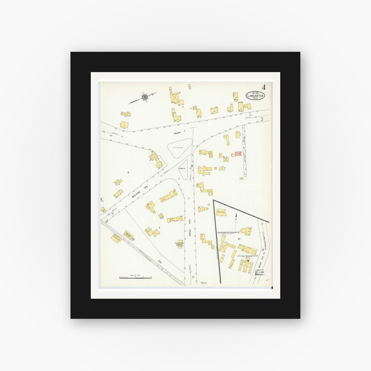 Old map wall art mockup — black gallery frame with white mat — Sanborn Fire Insurance Map from Lancaster, Worcester County, Massachusetts (1910), Sheet #0004