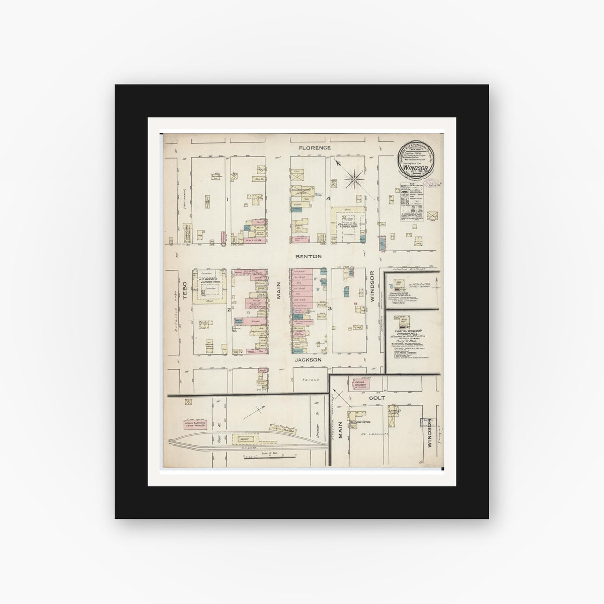 Old map wall art mockup — black gallery frame with white mat — Sanborn Fire Insurance Map from Windsor, Henry County, Missouri (1885), Sheet #0001
