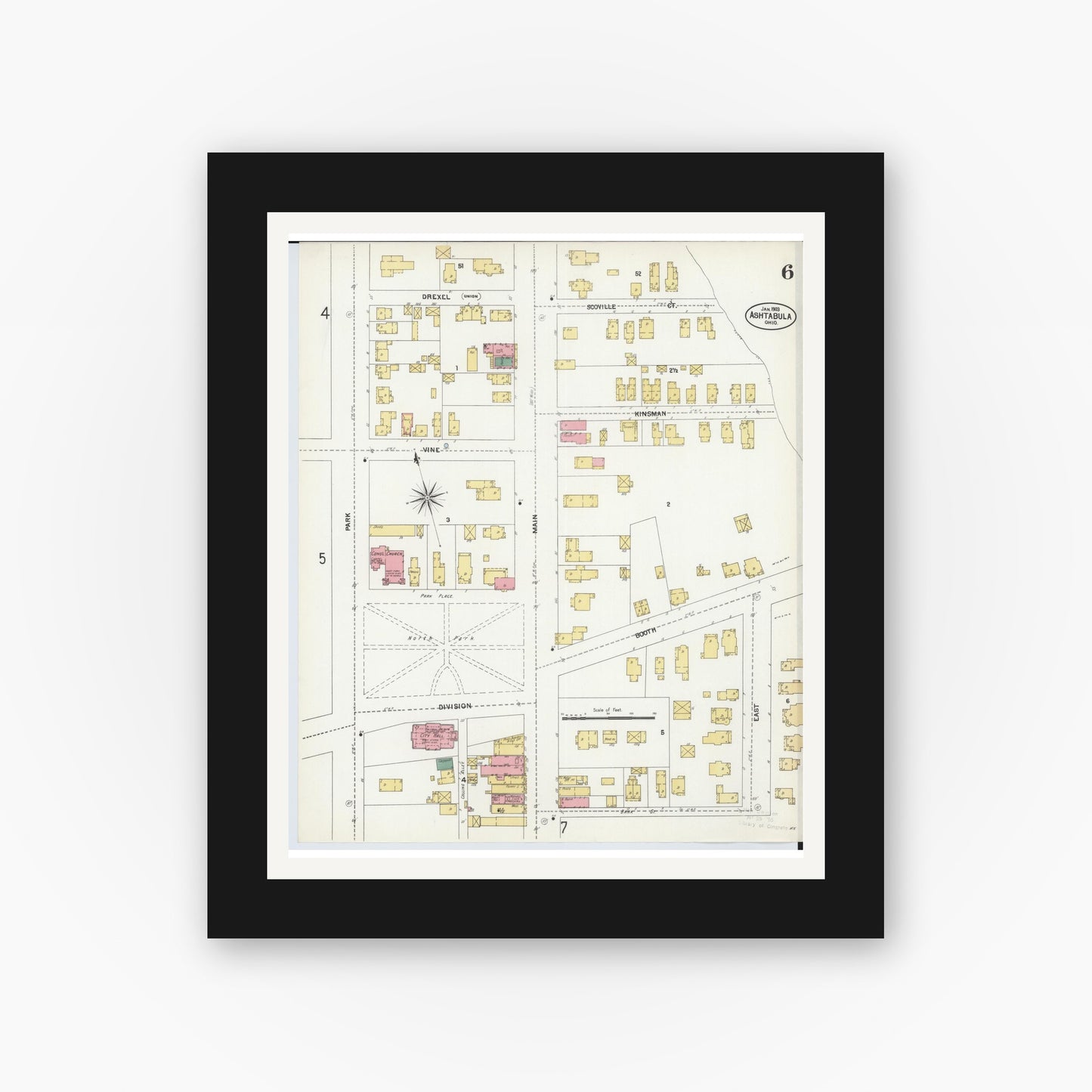 Old map wall art mockup — black gallery frame with white mat — Sanborn Fire Insurance Map from Ashtabula, Ashtabula County, Ohio (1903), Sheet #0006