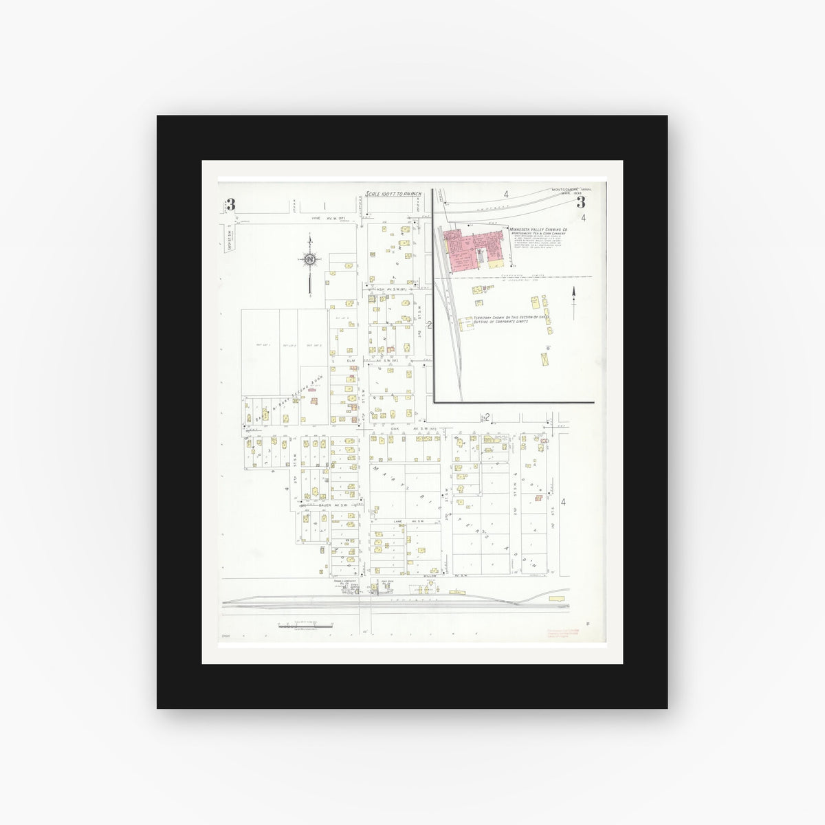 Old map wall art mockup — black gallery frame with white mat — Sanborn Fire Insurance Map from Montgomery, Le Sueur County, Minnesota (1938), Sheet #0003