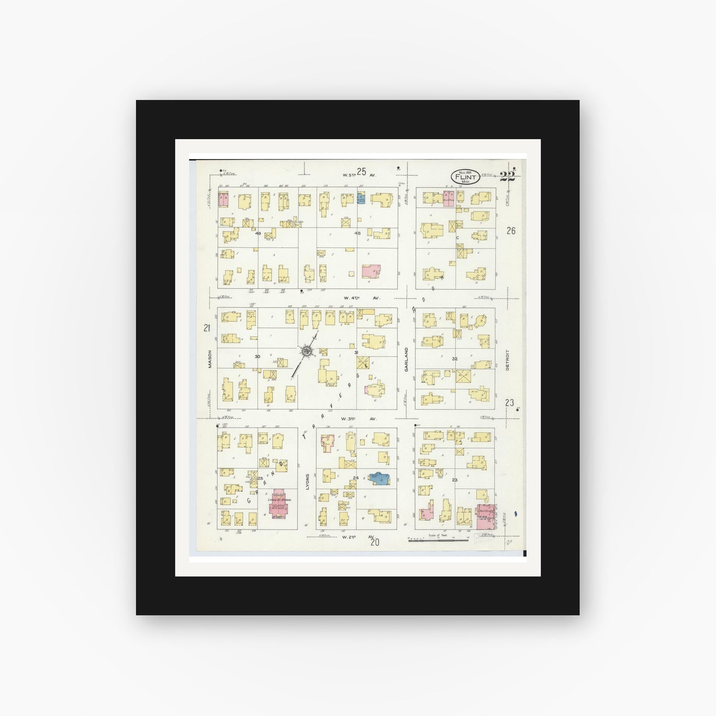 Old map wall art mockup — black gallery frame with white mat — Sanborn Fire Insurance Map from Flint, Genesee County, Michigan (1909), Sheet #0022