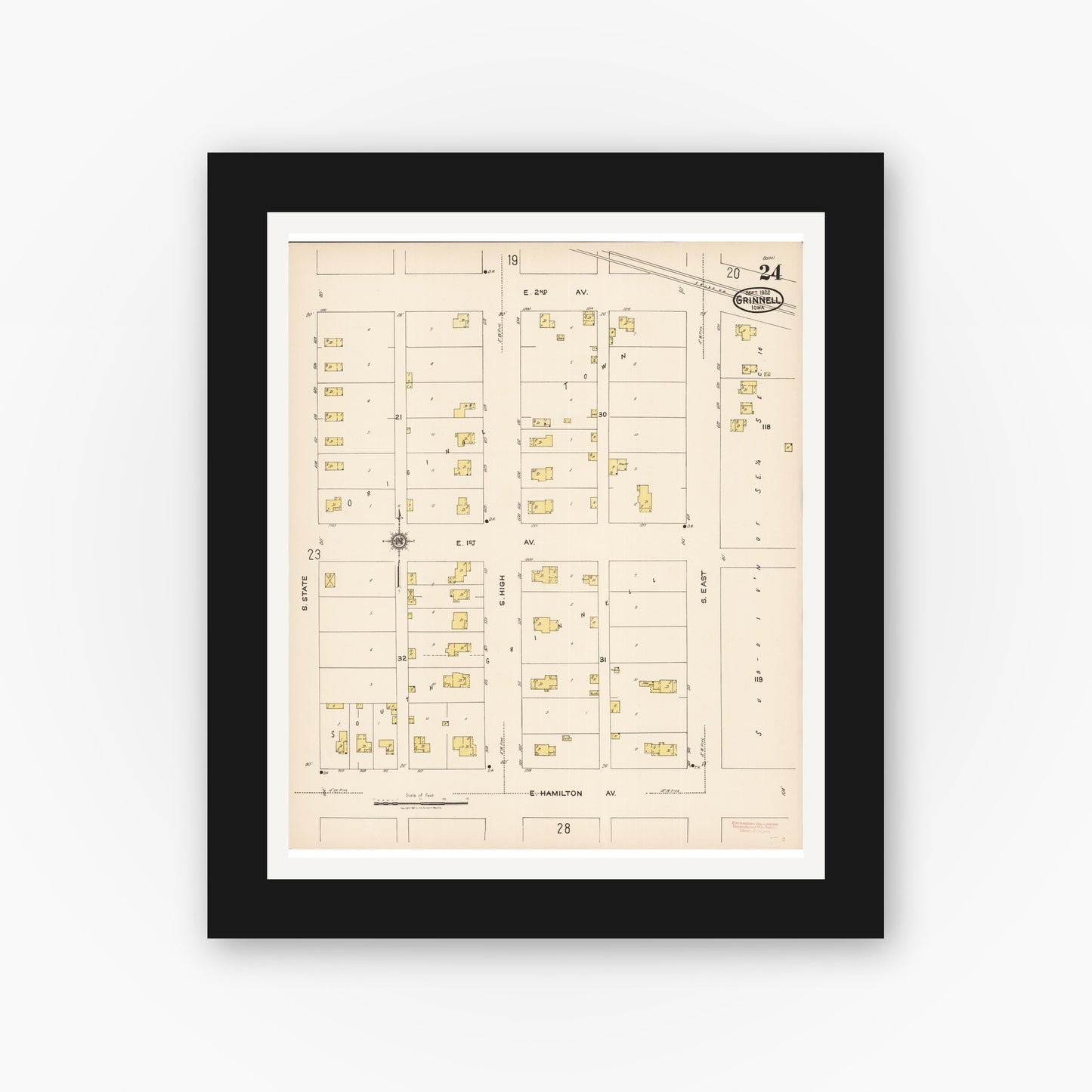 Old map wall art mockup β black gallery frame with white mat β Sanborn Fire Insurance Map from Grinnell, Poweshiek County, Iowa (1922), Sheet #0024