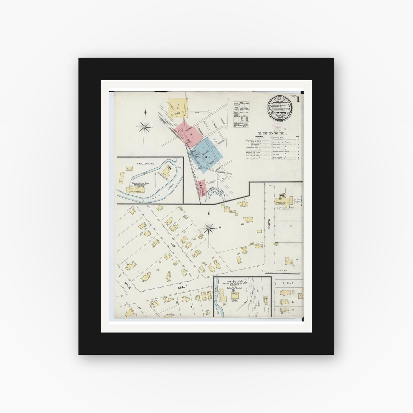 Old map wall art mockup β black gallery frame with white mat β Sanborn Fire Insurance Map from Bedford, Cuyahoga County, Ohio (1896) - Complete Map Set