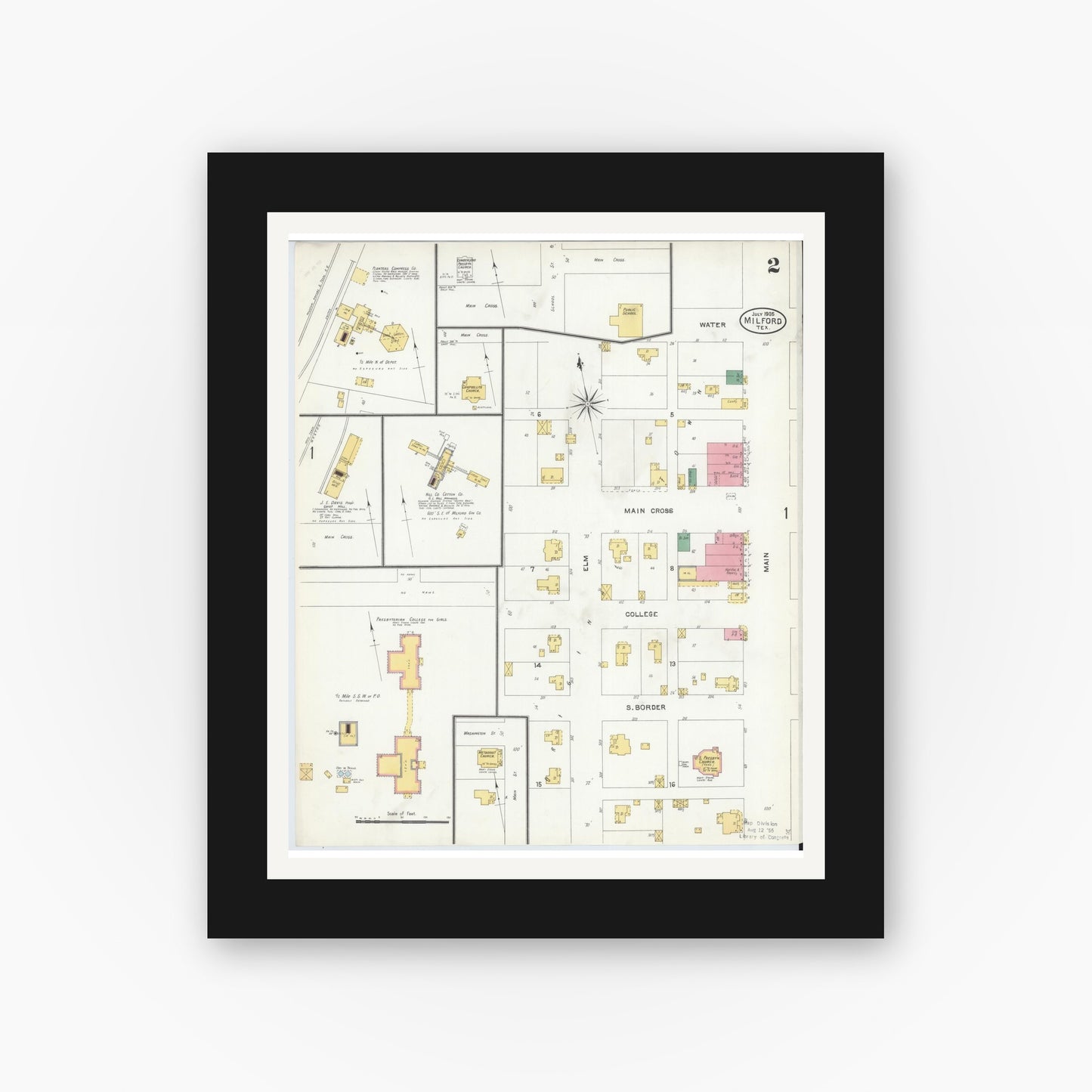 Old map wall art mockup — black gallery frame with white mat — Sanborn Fire Insurance Map from Milford, Ellis County, Texas (1905), Sheet #0002