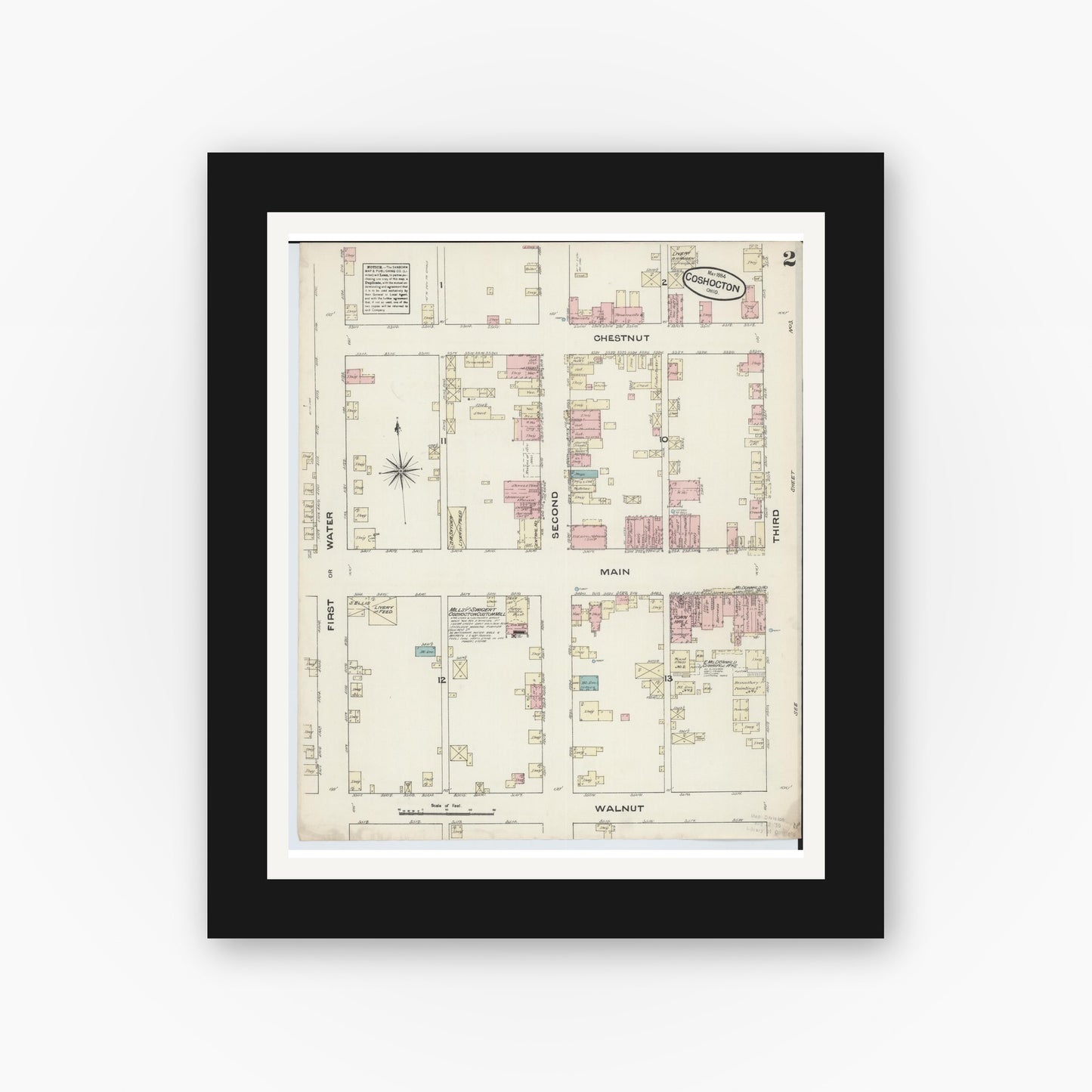 Old map wall art mockup — black gallery frame with white mat — Sanborn Fire Insurance Map from Coshocton, Coshocton County, Ohio (1884), Sheet #0002