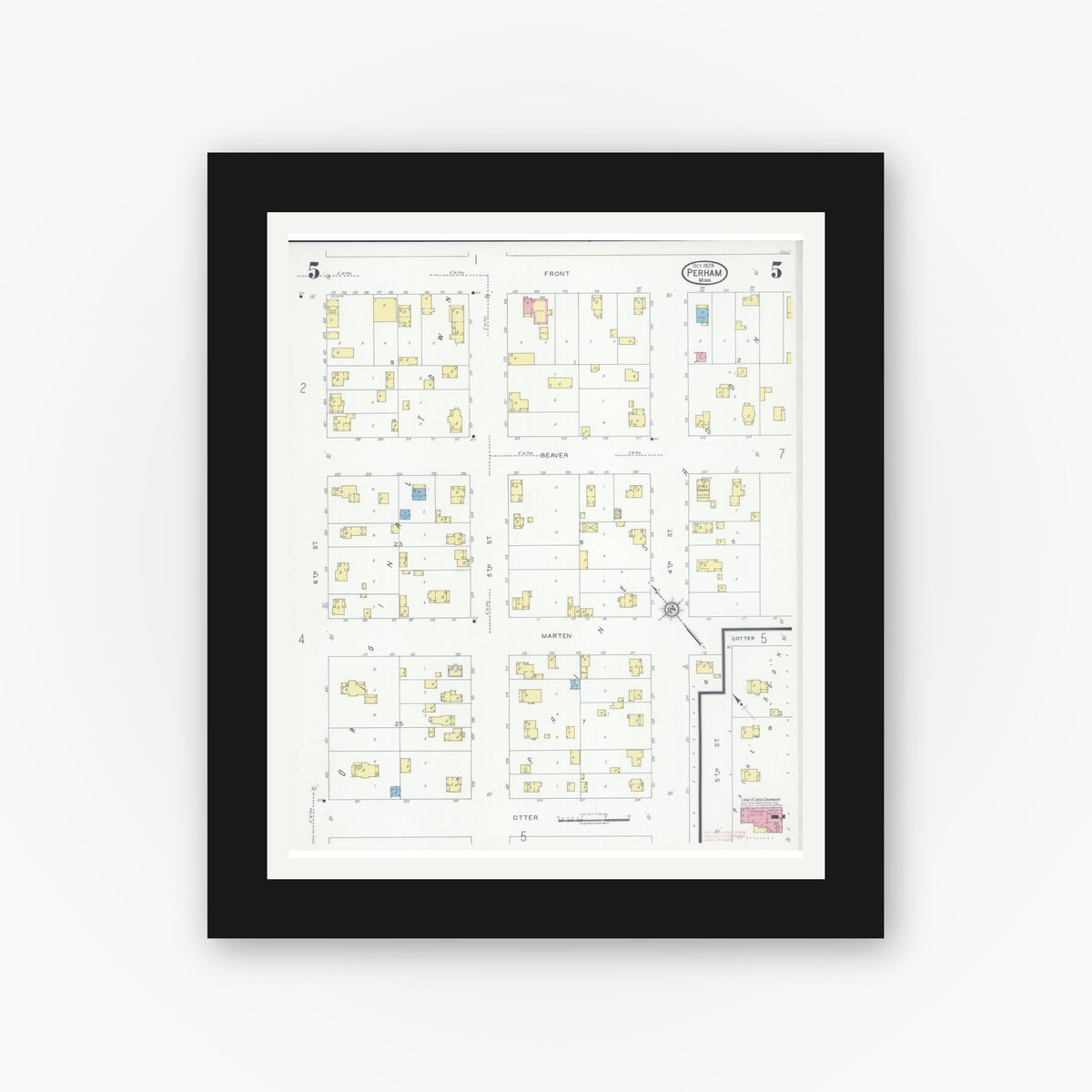 Old map wall art mockup — black gallery frame with white mat — Sanborn Fire Insurance Map from Perham, Otter Tail County, Minnesota (1929), Sheet #0005