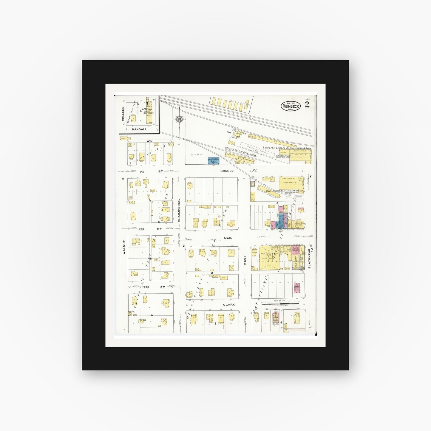 Old map wall art mockup β black gallery frame with white mat β Sanborn Fire Insurance Map from Reinbeck, Grundy County, Iowa (1921), Sheet #0002
