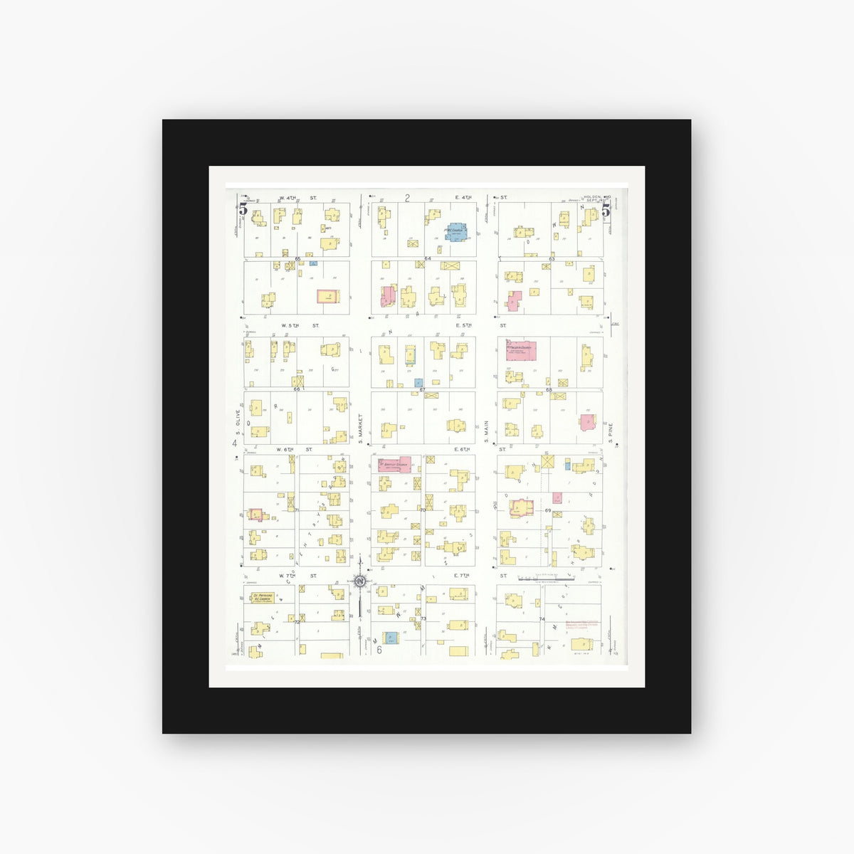 Old map wall art mockup — black gallery frame with white mat — Sanborn Fire Insurance Map from Holden, Johnson County, Missouri (1931), Sheet #0005