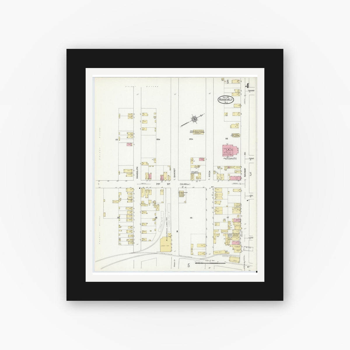 Old map wall art mockup — black gallery frame with white mat — Sanborn Fire Insurance Map from Roosevelt, Middlesex County, New Jersey (1912), Sheet #0004