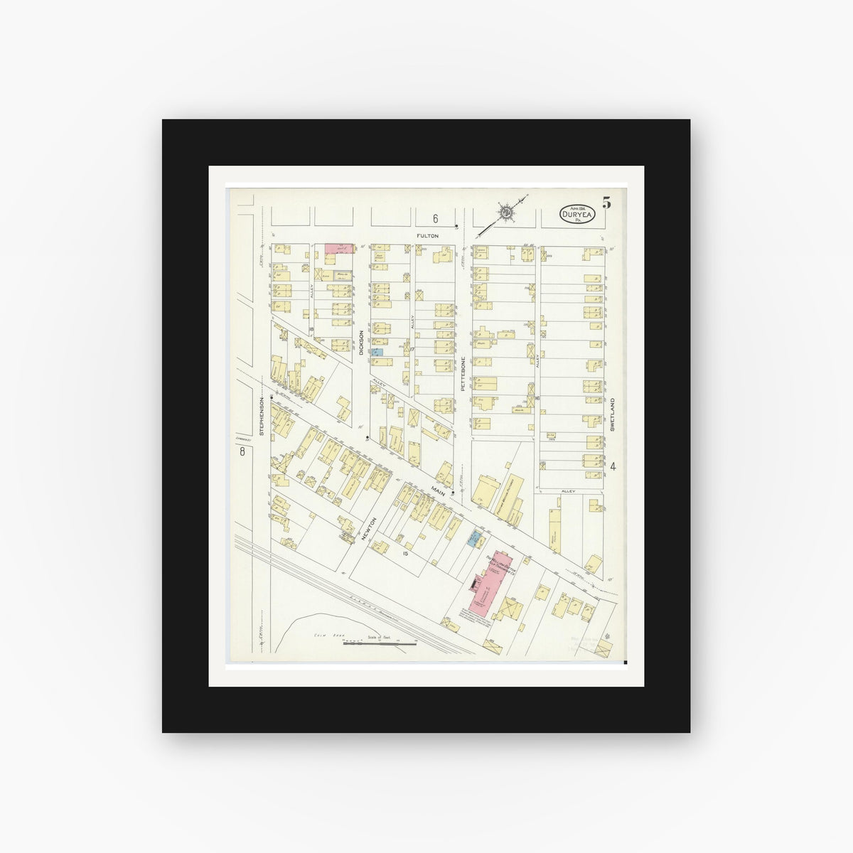 Old map wall art mockup — black gallery frame with white mat — Sanborn Fire Insurance Map from Duryea, Luzerne County, Pennsylvania (1914), Sheet #0005