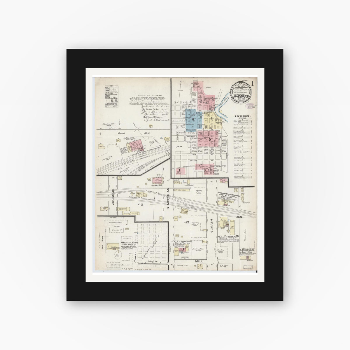 Old map wall art mockup — black gallery frame with white mat — Sanborn Fire Insurance Map from Anderson, Madison County, Indiana (1886), Sheet #0001
