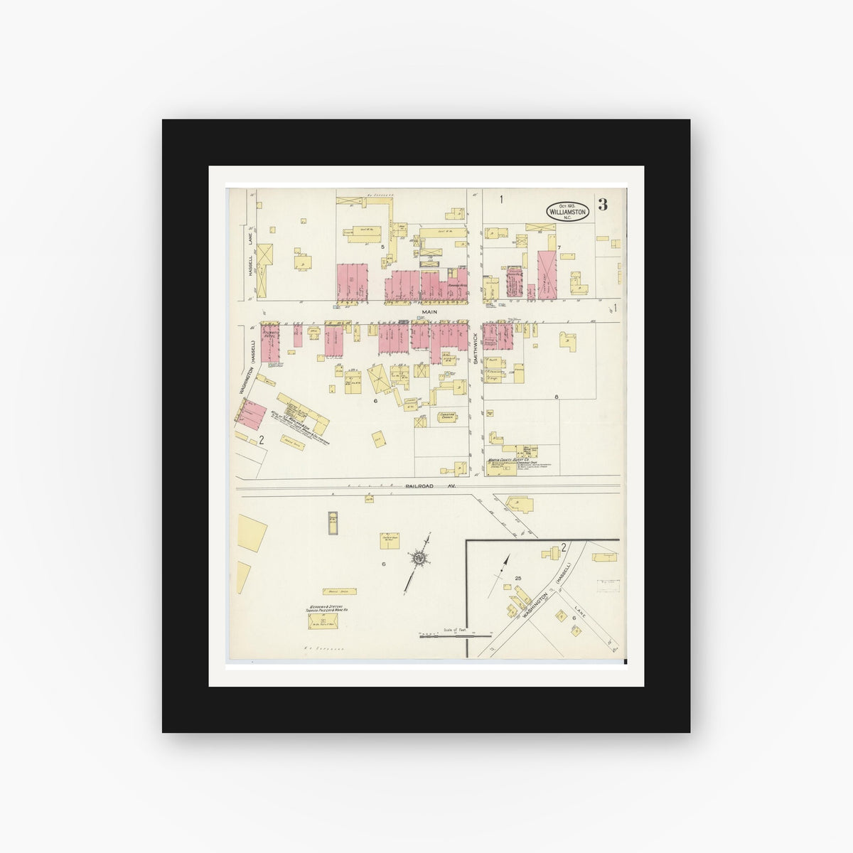 Old map wall art mockup — black gallery frame with white mat — Sanborn Fire Insurance Map from Williamston, Martin County, North Carolina (1913), Sheet #0003
