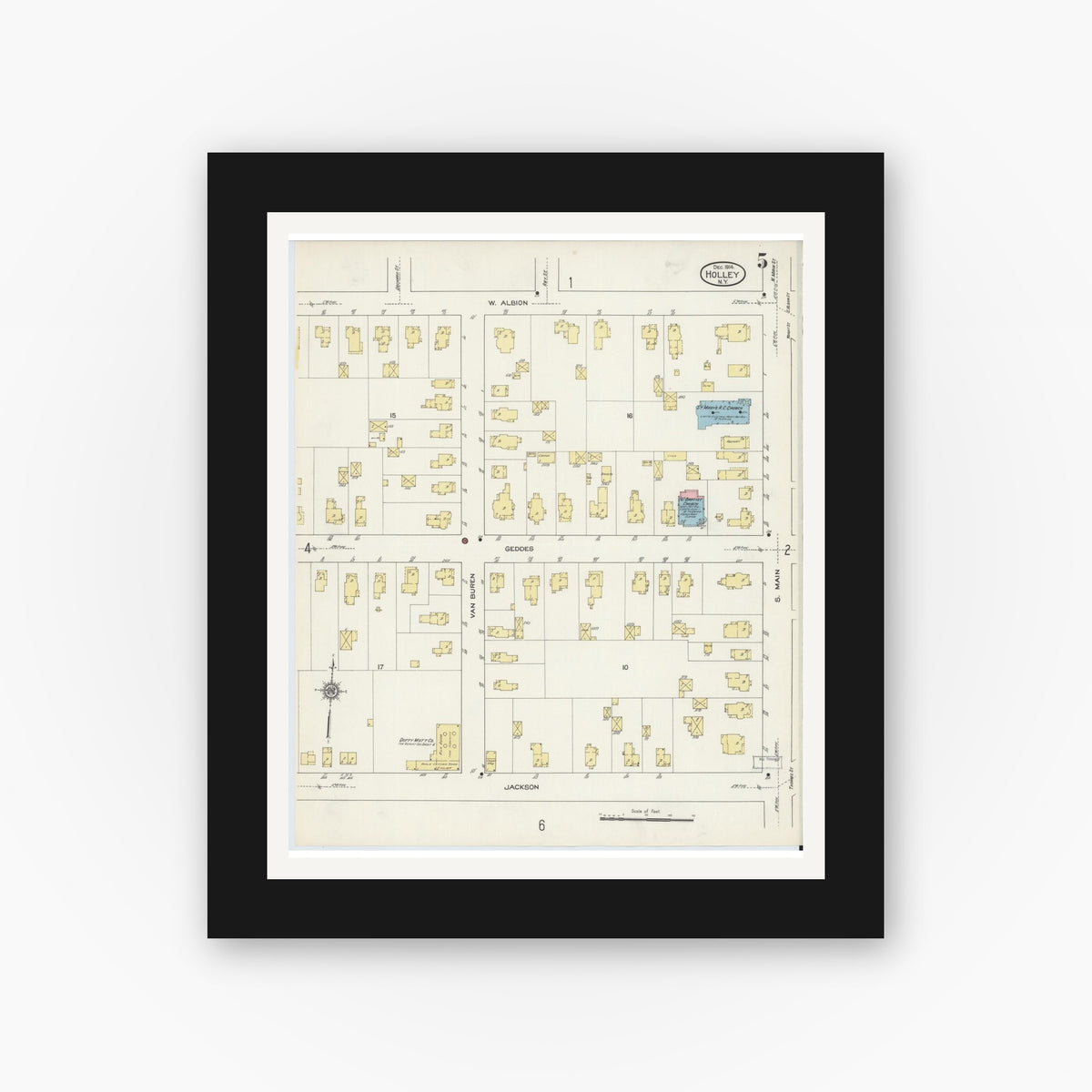 Old map wall art mockup — black gallery frame with white mat — Sanborn Fire Insurance Map from Holley, Orleans County, New York (1914), Sheet #0005