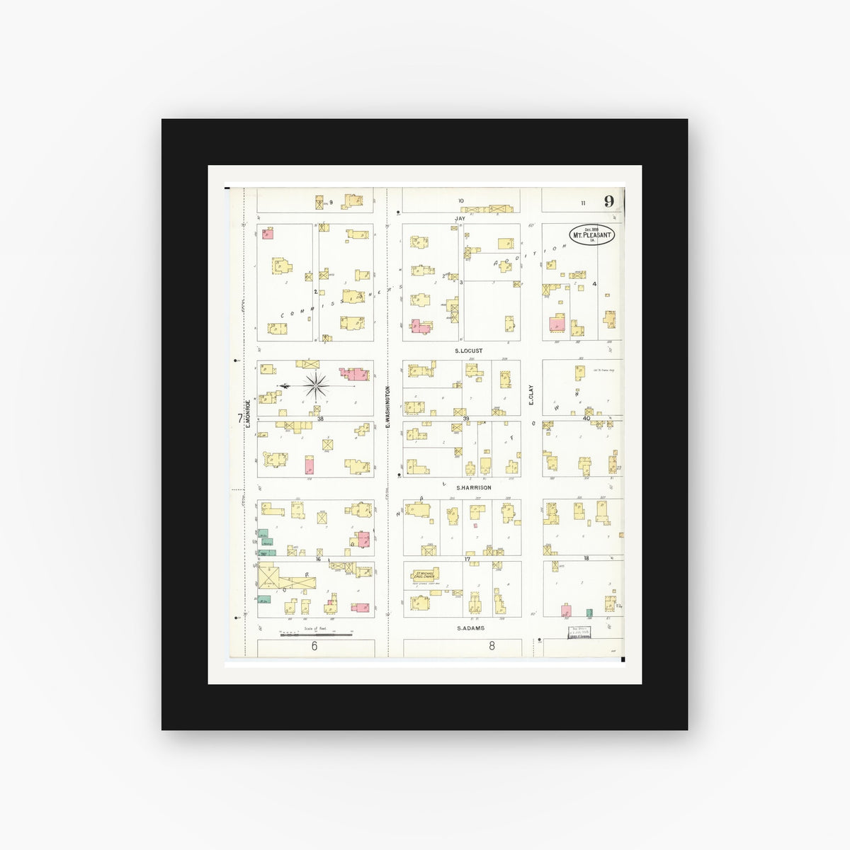 Old map wall art mockup — black gallery frame with white mat — Sanborn Fire Insurance Map from Mount Pleasant, Henry County, Iowa (1899), Sheet #0009