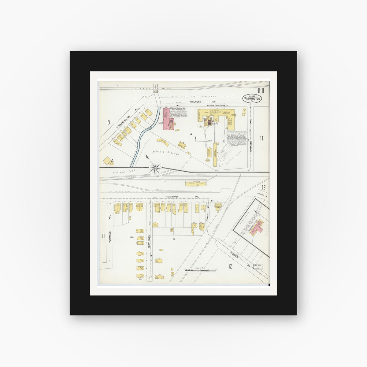 Old map wall art mockup — black gallery frame with white mat — Sanborn Fire Insurance Map from Washington, Warren County, New Jersey (1902), Sheet #0011