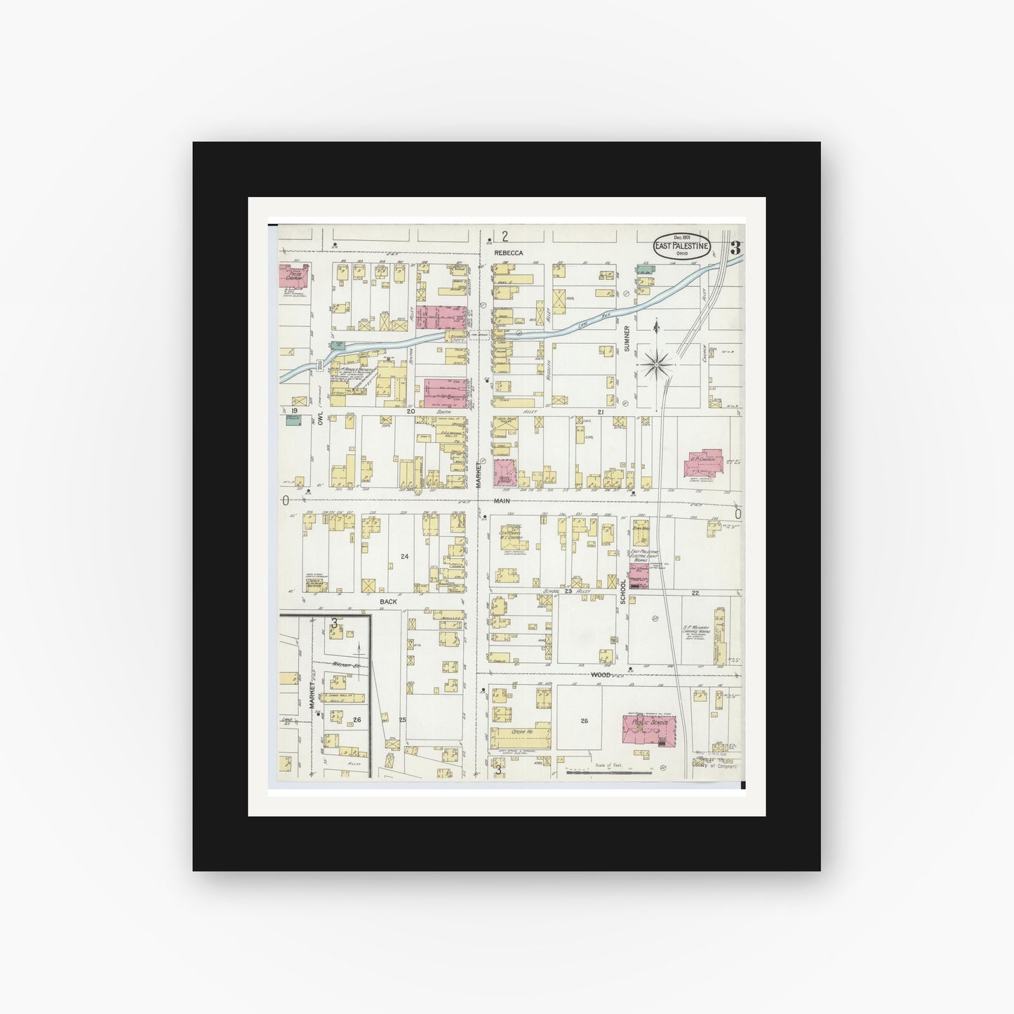 Old map wall art mockup — black gallery frame with white mat — Sanborn Fire Insurance Map from East Palestine, Columbiana County, Ohio (1901), Sheet #0003