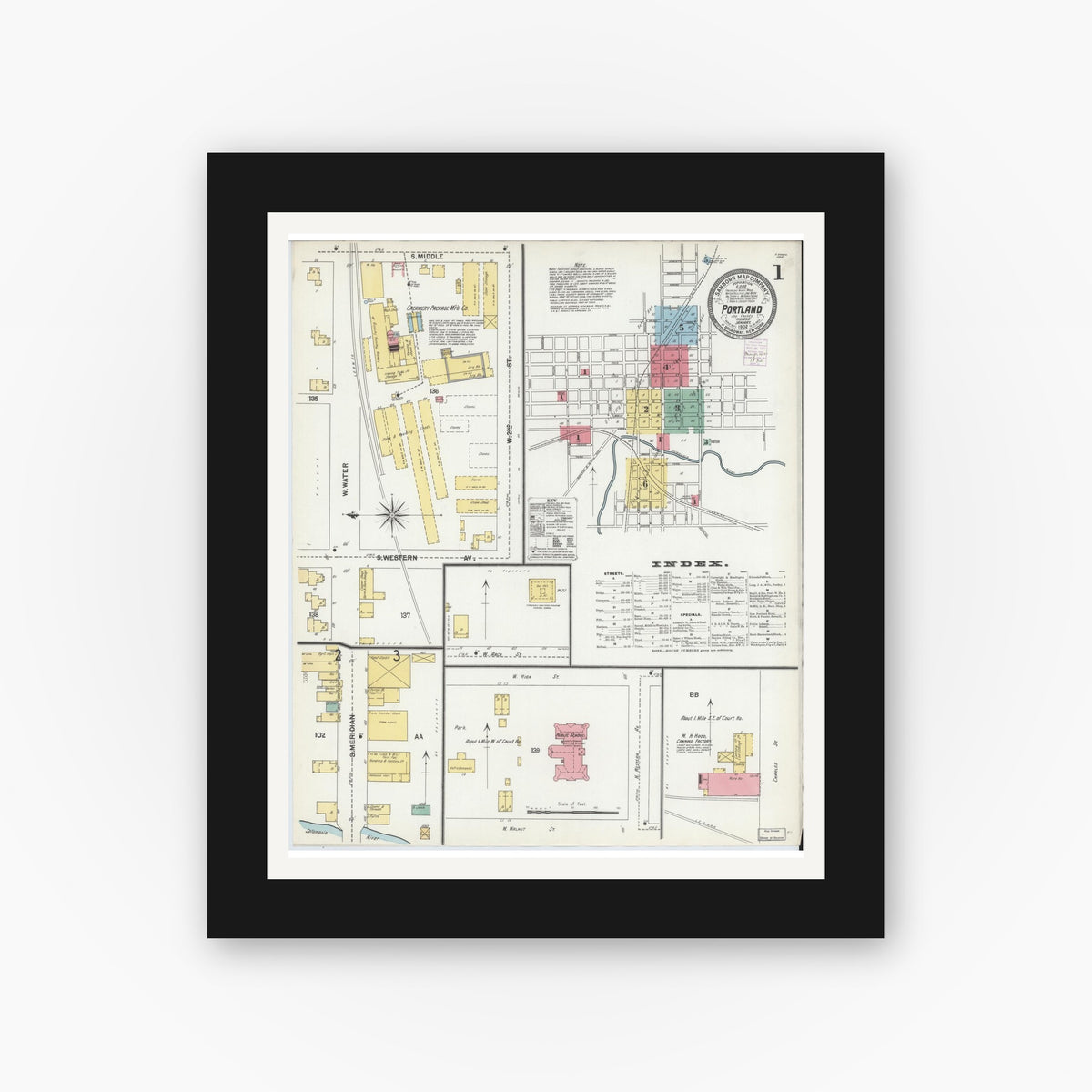 Old map wall art mockup — black gallery frame with white mat — Sanborn Fire Insurance Map from Portland, Jay County, Indiana (1902) - Complete Map Set
