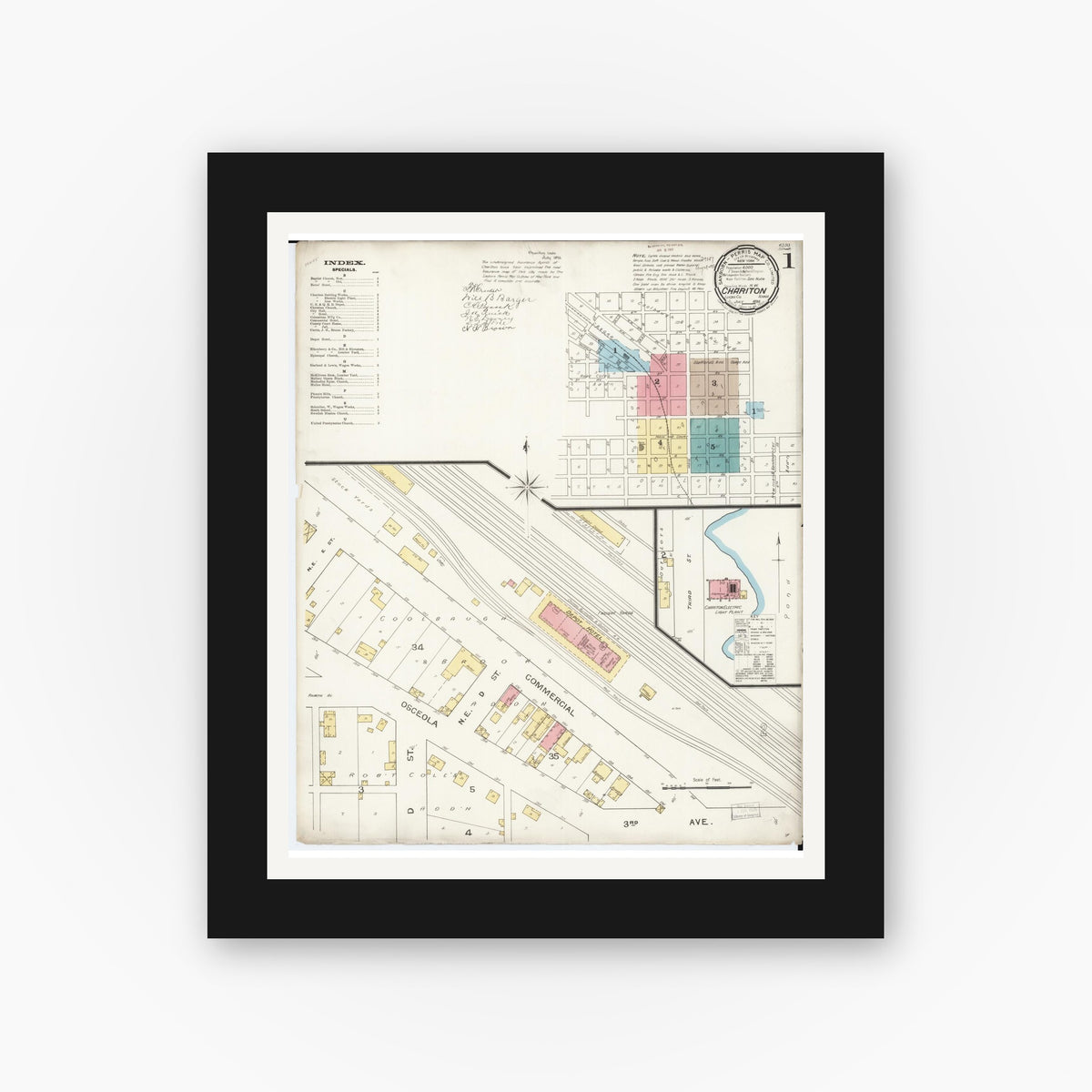 Old map wall art mockup — black gallery frame with white mat — Sanborn Fire Insurance Map from Chariton, Lucas County, Iowa (1893), Sheet #0001