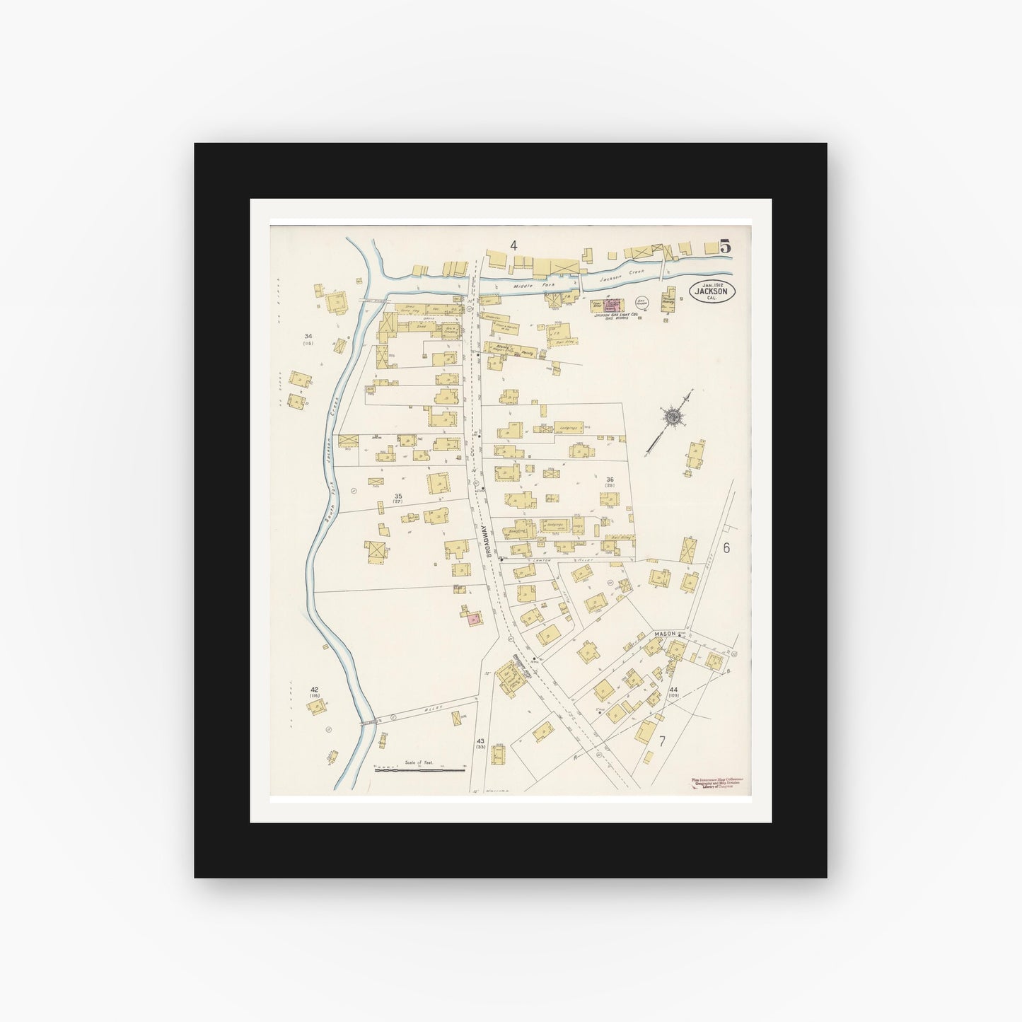 Old map wall art mockup — black gallery frame with white mat — Sanborn Fire Insurance Map from Jackson, Amador County, California (1912), Sheet #0005