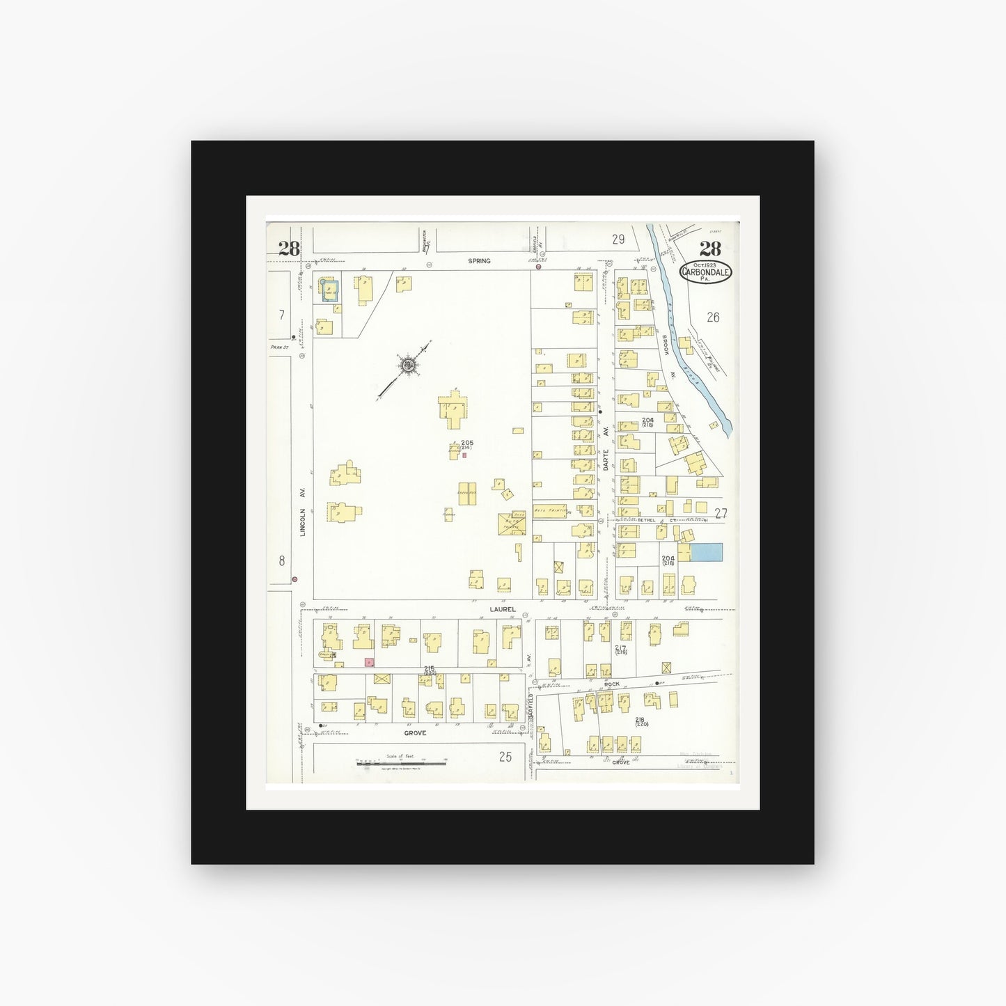 Old map wall art mockup — black gallery frame with white mat — Sanborn Fire Insurance Map from Carbondale, Lackawanna County, Pennsylvania (1923), Sheet #0028