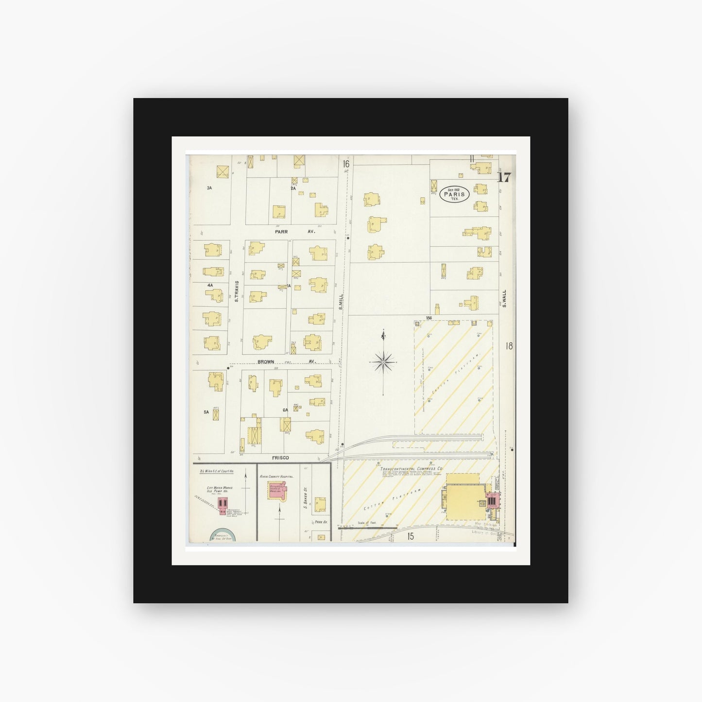 Old map wall art mockup — black gallery frame with white mat — Sanborn Fire Insurance Map from Paris, Lamar County, Texas (1902), Sheet #0017