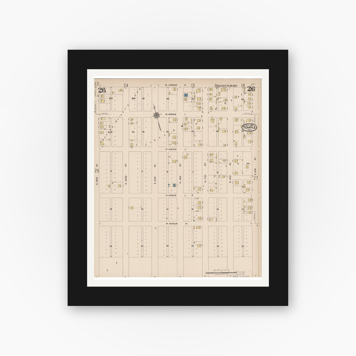 Old map wall art mockup — black gallery frame with white mat — Sanborn Fire Insurance Map from Temple, Bell County, Texas (1922), Sheet #0026