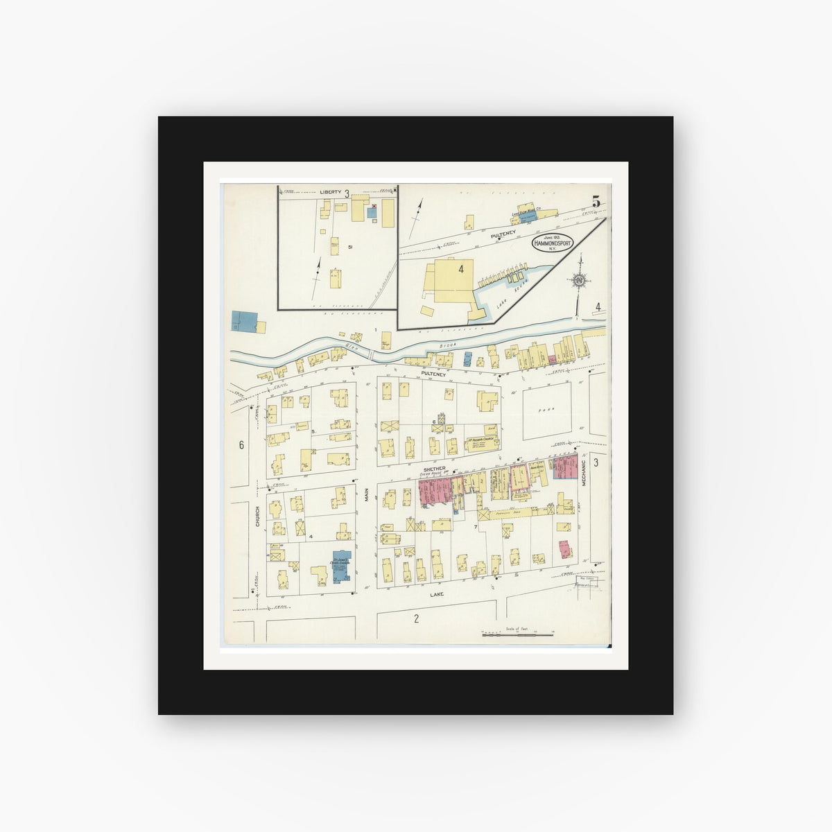 Old map wall art mockup — black gallery frame with white mat — Sanborn Fire Insurance Map from Hammondsport, Steuben County, New York (1913), Sheet #0005