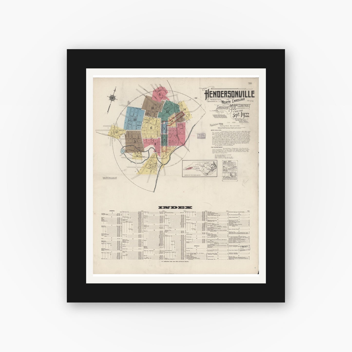 Old map wall art mockup — black gallery frame with white mat — Sanborn Fire Insurance Map from Hendersonville, Henderson County, North Carolina (1922), Sheet #0001