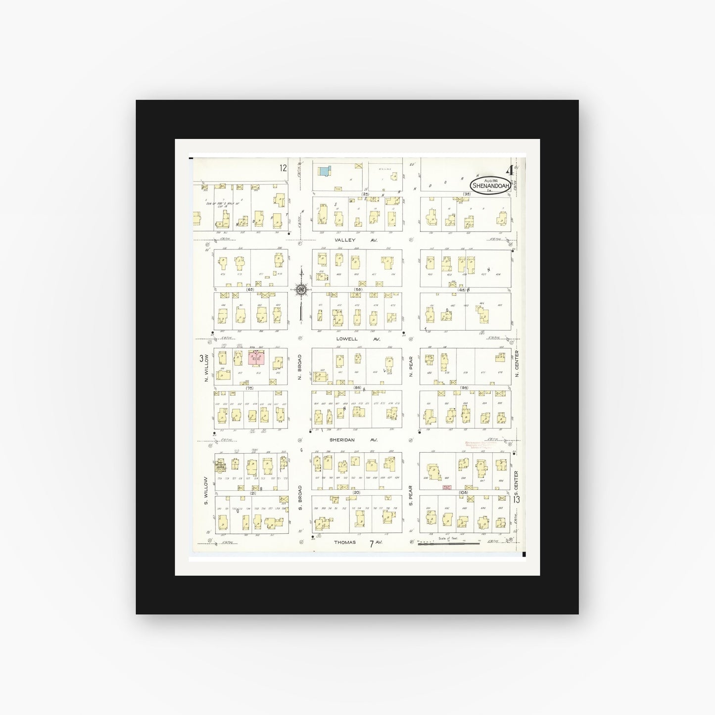 Old map wall art mockup β black gallery frame with white mat β Sanborn Fire Insurance Map from Shenandoah, Page County, Iowa (1914), Sheet #0004