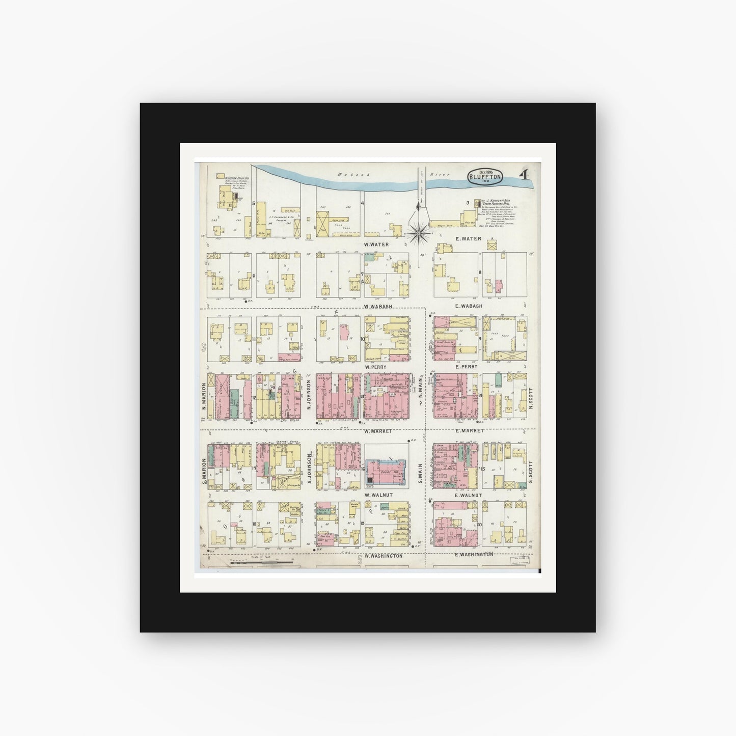 Old map wall art mockup — black gallery frame with white mat — Sanborn Fire Insurance Map from Bluffton, Wells County, Indiana (1895), Sheet #0004