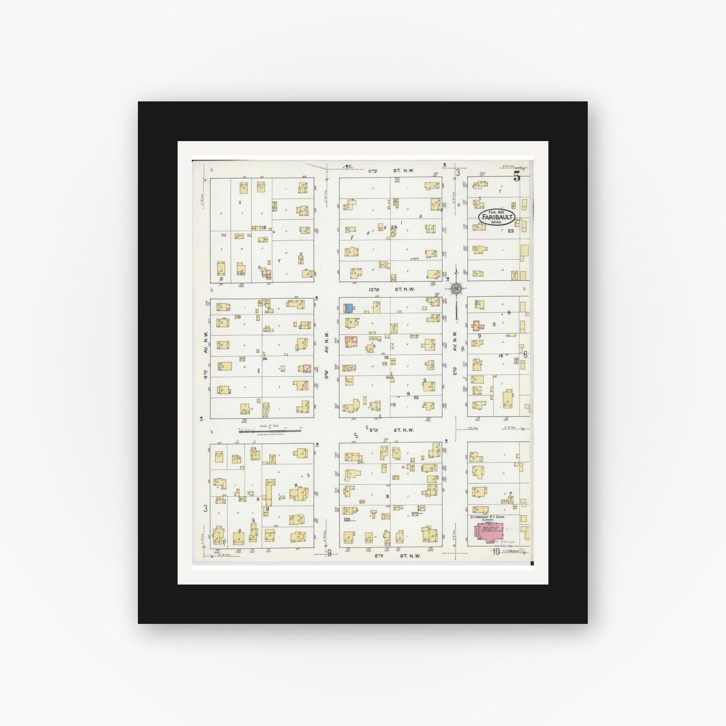 Old map wall art mockup — black gallery frame with white mat — Sanborn Fire Insurance Map from Faribault, Rice County, Minnesota (1921), Sheet #0005