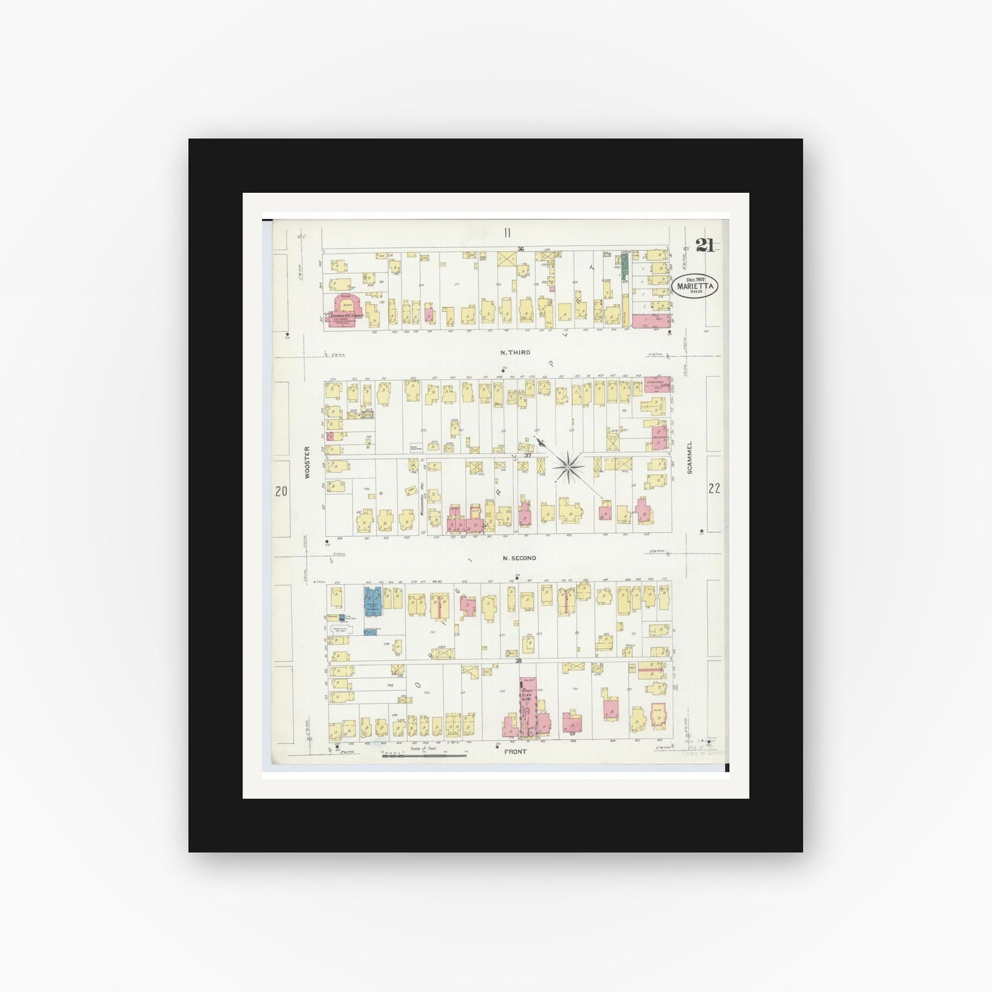 Old map wall art mockup — black gallery frame with white mat — Sanborn Fire Insurance Map from Marietta, Washington County, Ohio (1907), Sheet #0021