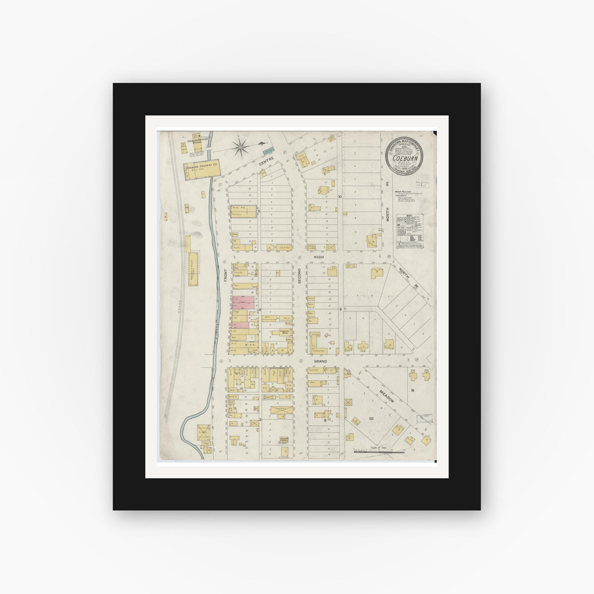 Old map wall art mockup — black gallery frame with white mat — Sanborn Fire Insurance Map from Coeburn, Wise County, Virginia (1908), Sheet #0001