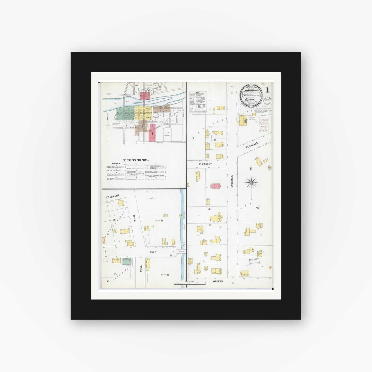 Old map wall art mockup — black gallery frame with white mat — Sanborn Fire Insurance Map from Omro, Winnebago County, Wisconsin (1900), Sheet #0001