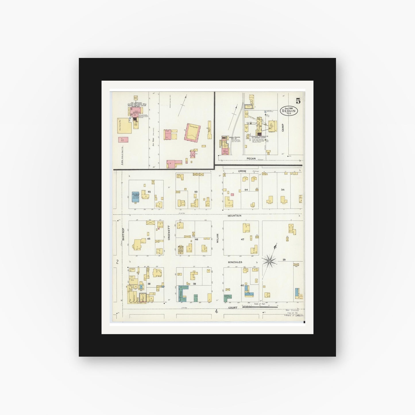 Old map wall art mockup — black gallery frame with white mat — Sanborn Fire Insurance Map from Seguin, Guadalupe County, Texas (1906), Sheet #0005