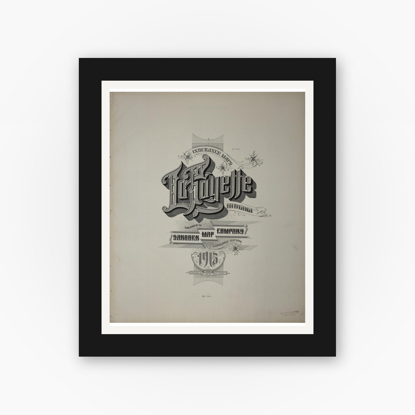 Old map wall art mockup — black gallery frame with white mat — Sanborn Fire Insurance Map from Lafayette, Tippecanoe County, Indiana (1915), Sheet #0001