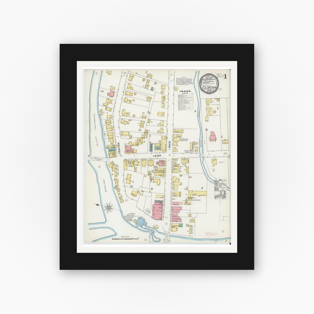 Old map wall art mockup — black gallery frame with white mat — Sanborn Fire Insurance Map from Clinton, Hunterdon County, New Jersey (1892) - Complete Map Set