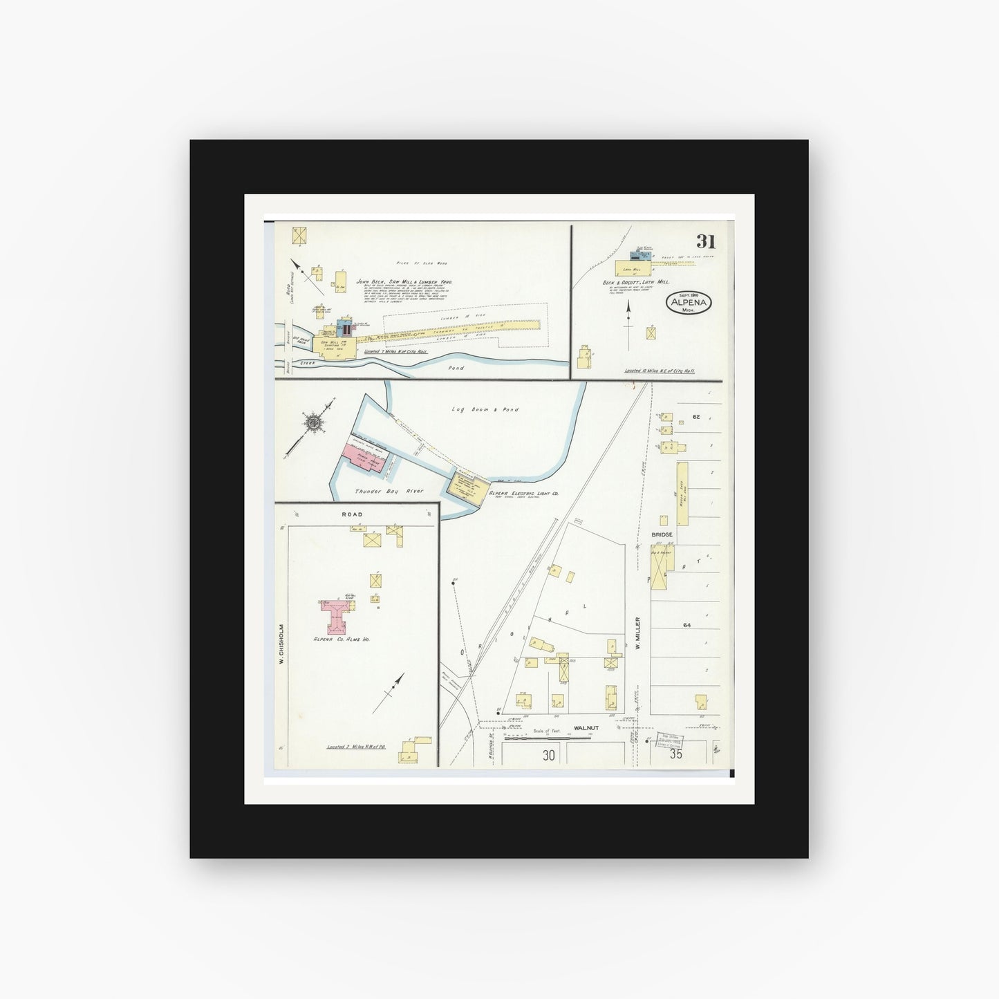 Old map wall art mockup — black gallery frame with white mat — Sanborn Fire Insurance Map from Alpena, Alpena County, Michigan (1910), Sheet #0031
