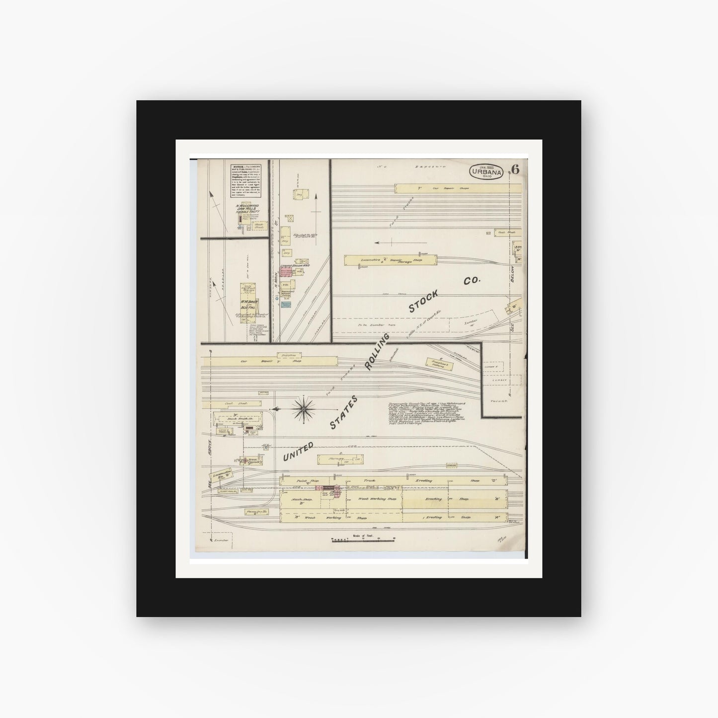 Old map wall art mockup — black gallery frame with white mat — Sanborn Fire Insurance Map from Urbana, Champaign County, Ohio (1885), Sheet #0006