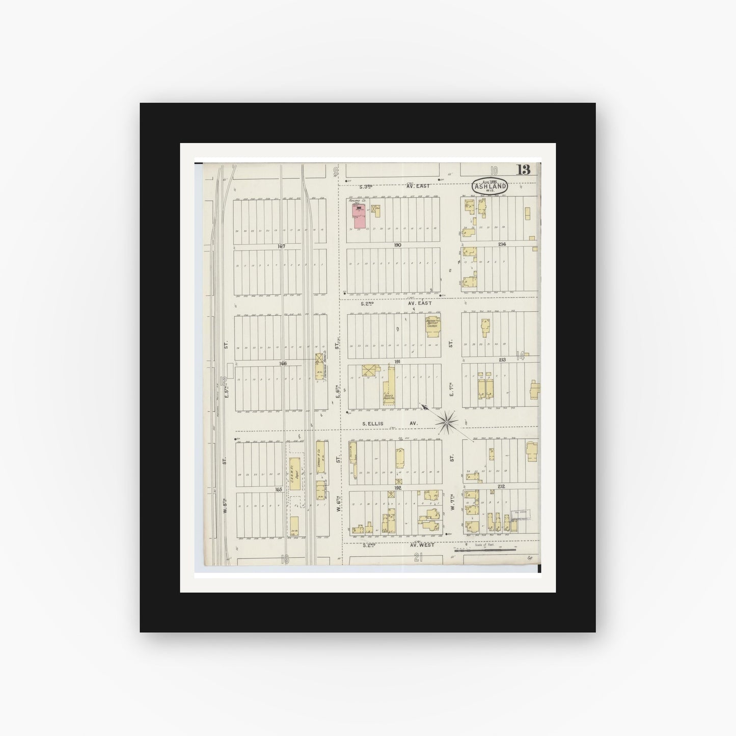 Old map wall art mockup — black gallery frame with white mat — Sanborn Fire Insurance Map from Ashland, Ashland County, Wisconsin (1895), Sheet #0013