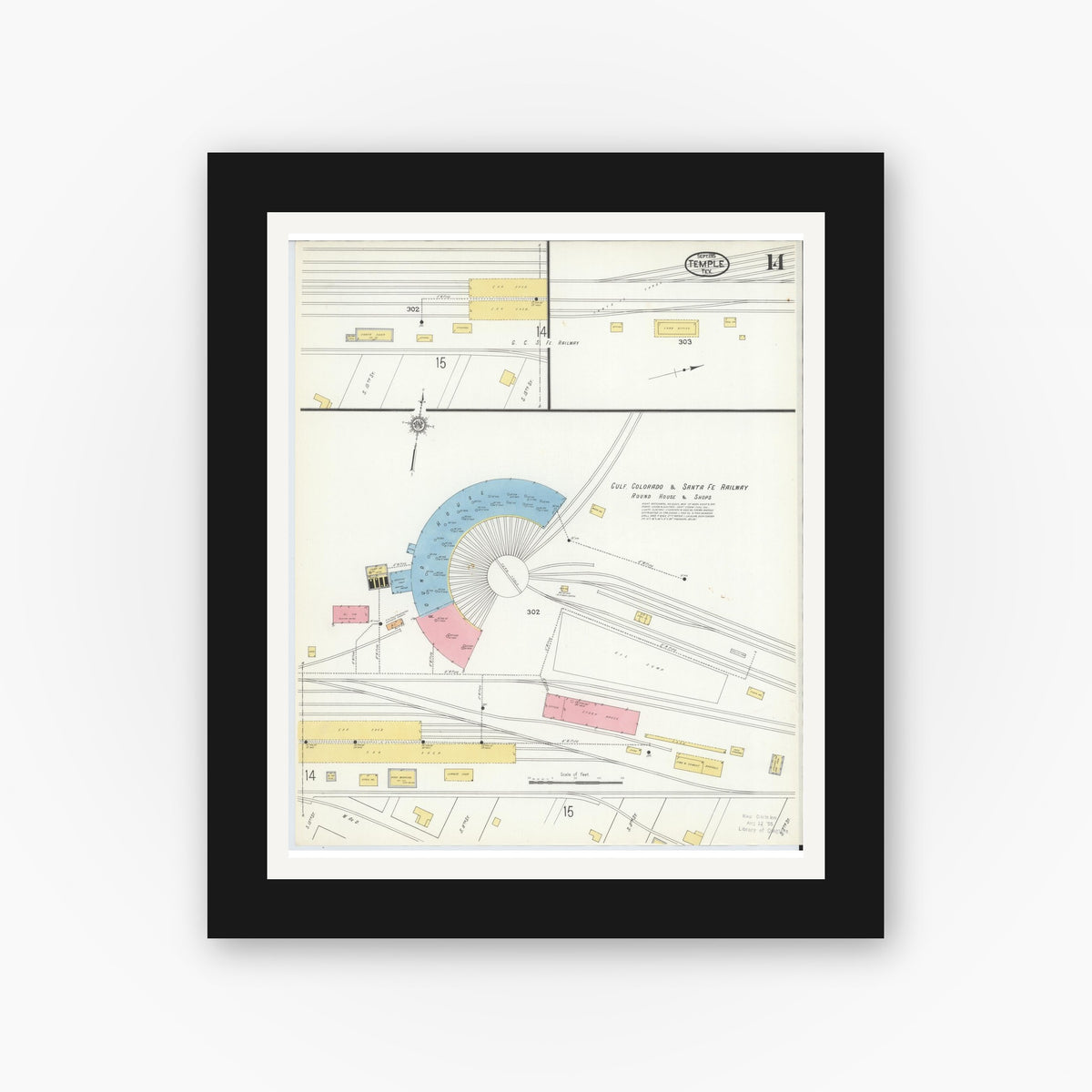 Old map wall art mockup — black gallery frame with white mat — Sanborn Fire Insurance Map from Temple, Bell County, Texas (1915), Sheet #0014