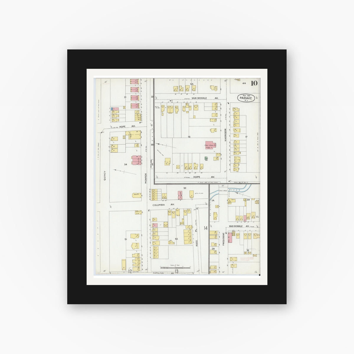 Old map wall art mockup — black gallery frame with white mat — Sanborn Fire Insurance Map from Passaic, Passaic County, New Jersey (1899), Sheet #0010