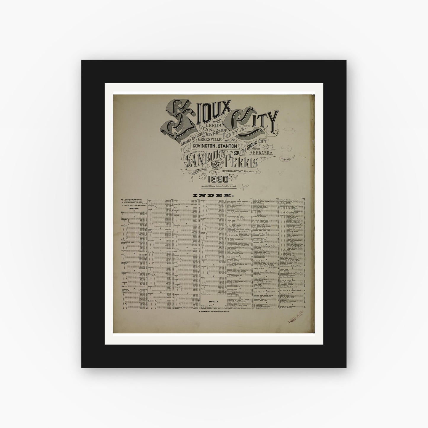 Old map wall art mockup β black gallery frame with white mat β Sanborn Fire Insurance Map from Sioux City, Woodbury County, Iowa (1890), Sheet #0001
