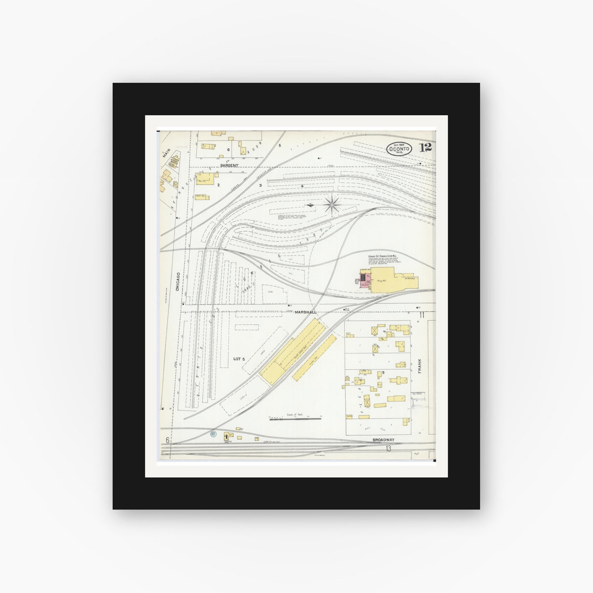 Old map wall art mockup — black gallery frame with white mat — Sanborn Fire Insurance Map from Oconto, Oconto County, Wisconsin (1904), Sheet #0012