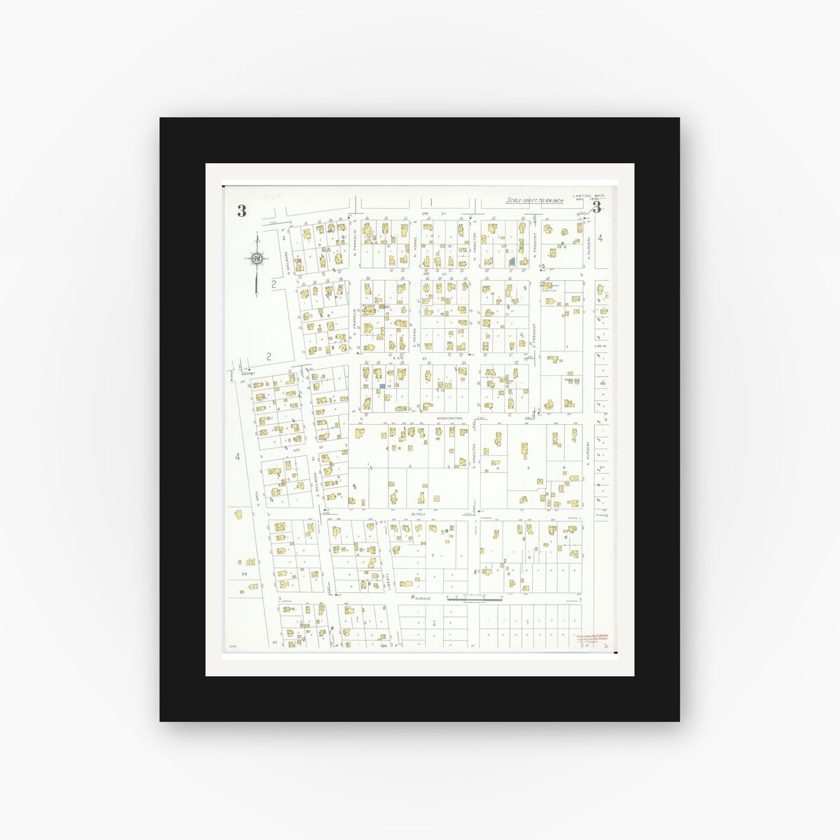 Old map wall art mockup — black gallery frame with white mat — Sanborn Fire Insurance Map from Lawton, Van Buren County, Michigan (1935), Sheet #0003