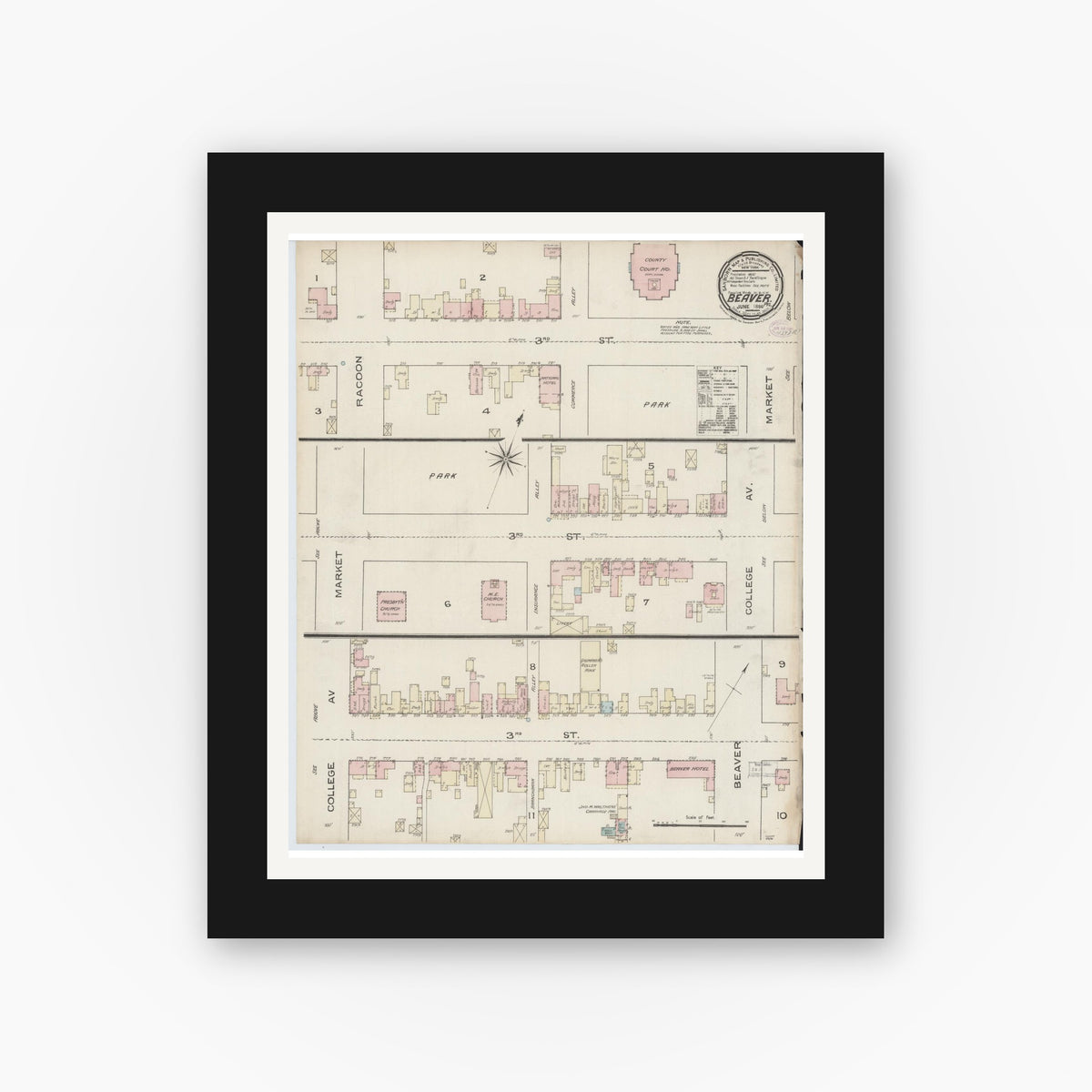 Old map wall art mockup — black gallery frame with white mat — Sanborn Fire Insurance Map from Beaver, Beaver County, Pennsylvania (1886), Sheet #0001