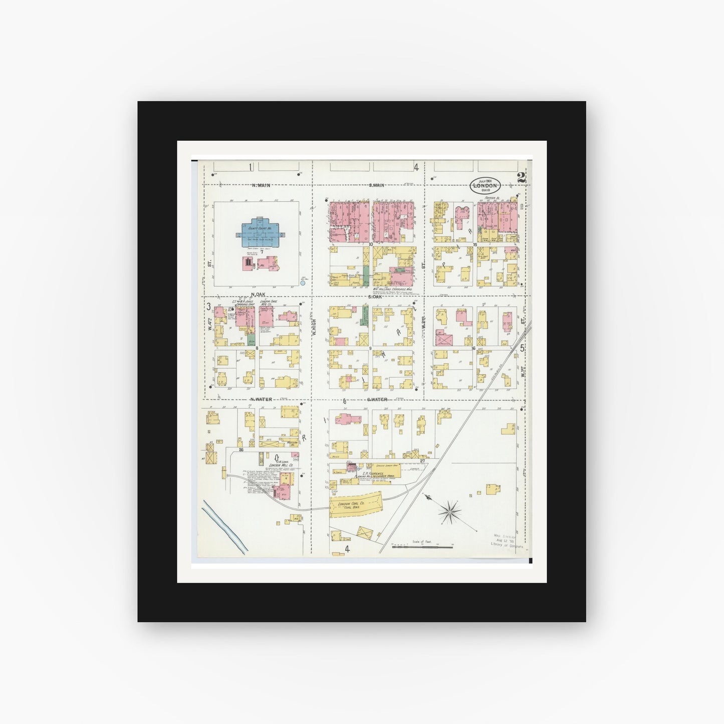 Old map wall art mockup — black gallery frame with white mat — Sanborn Fire Insurance Map from London, Madison County, Ohio (1901), Sheet #0002