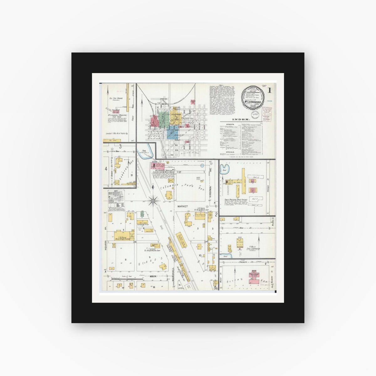 Old map wall art mockup — black gallery frame with white mat — Sanborn Fire Insurance Map from Mcleansboro, Hamilton County, Illinois (1900) - Complete Map Set
