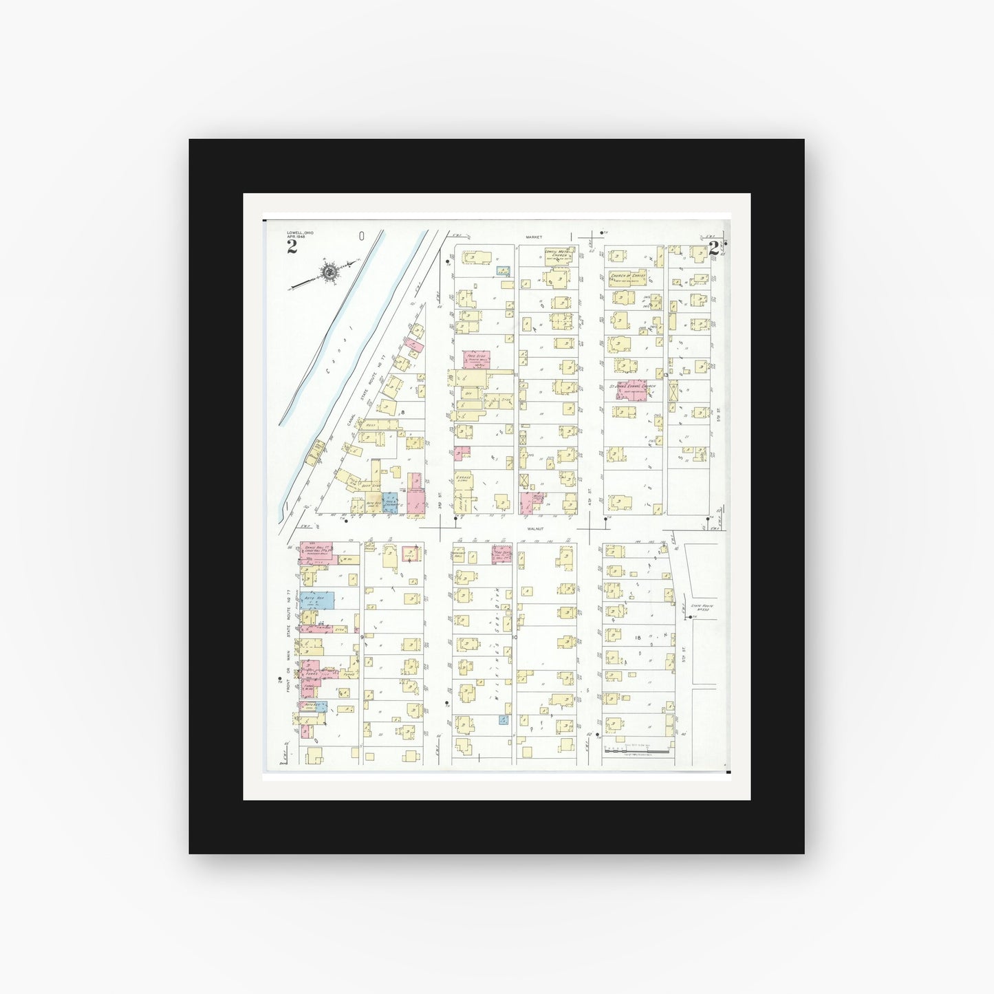 Old map wall art mockup — black gallery frame with white mat — Sanborn Fire Insurance Map from Lowell, Washington County, Ohio (1948), Sheet #0002